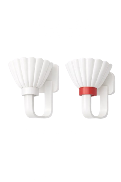 Two white ceramic badminton shuttlecocks with red accents, positioned upside down.