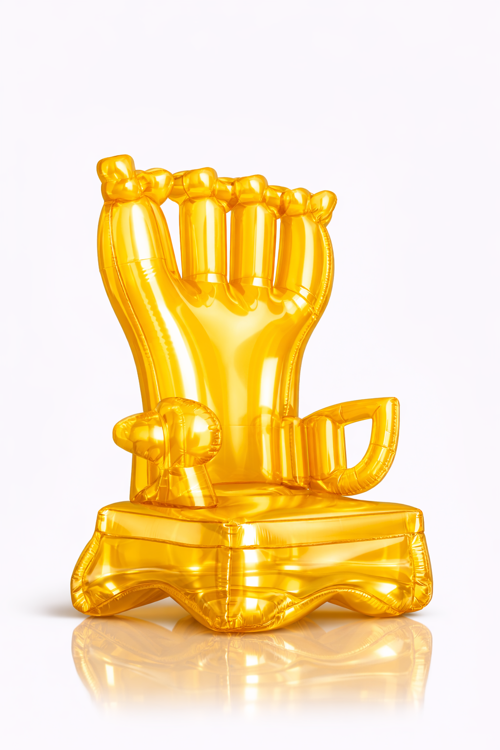 Gold foil balloon sculpture of a raised fist on a platform, symbolizing strength or protest, against a plain white background.