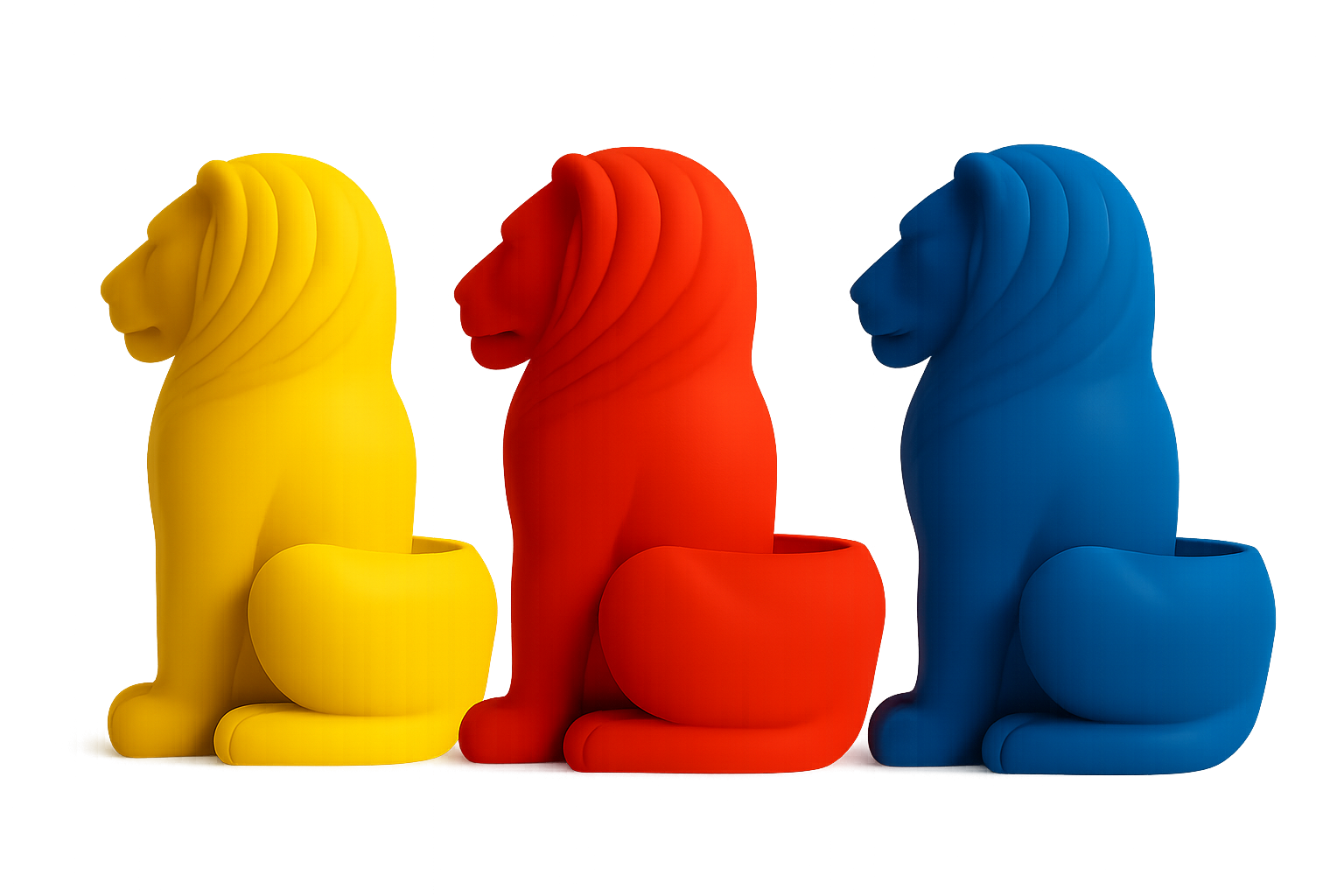 Three colorful lion sculptures in yellow, red, and blue, each with a pot in front, arranged in a row against a dark background.