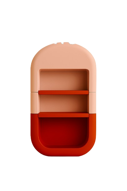 A storage shelf with two compartments, the top one being light pink and empty, the bottom one red, with distorted text reading 'INTEROR' and 'My BEST FRIEND' in the background.