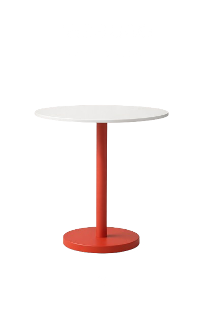 Round table with a white top and a red pedestal base.
