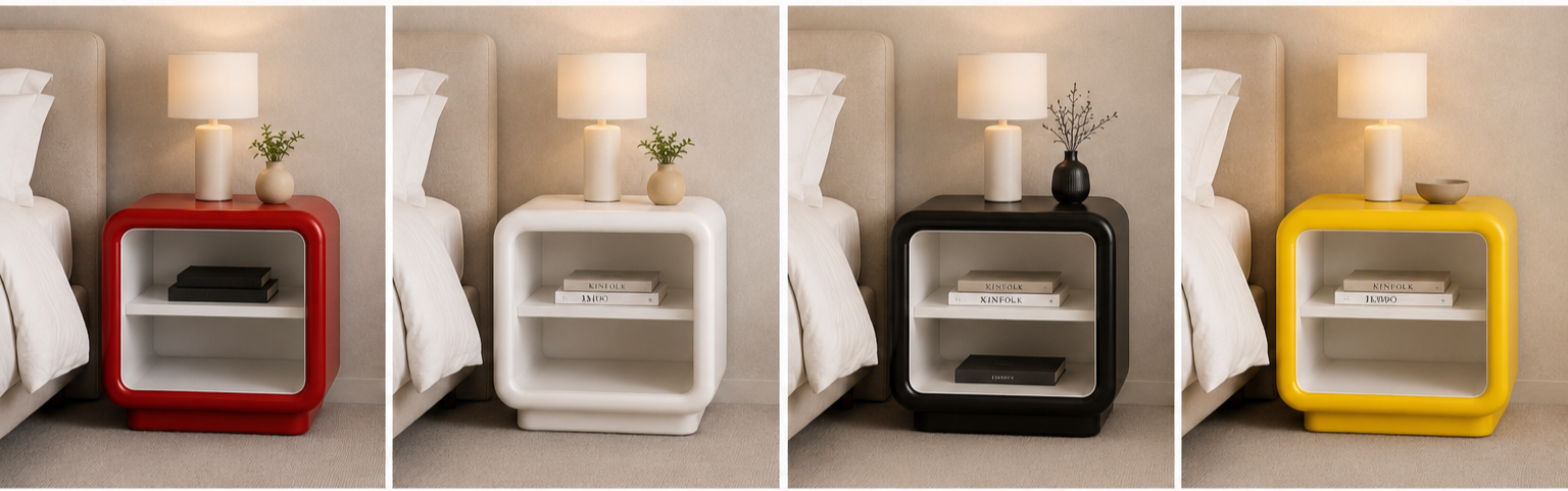 Four nightstands in different colors (red, white, black, yellow) with lamps and decorative items on top, placed next to a bed in a bedroom.