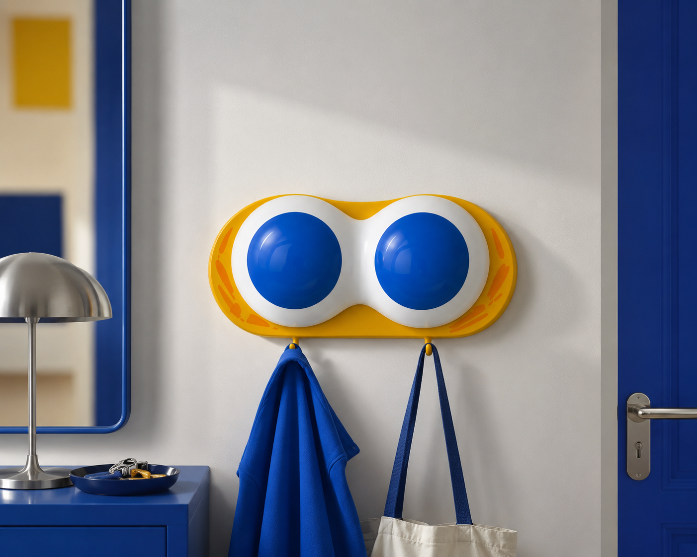 A wall-mounted storage organizer designed to look like a pair of sunglasses with blue lenses, with hooks holding a blue jacket and a beige tote bag, in a room with blue cabinets and a silver lamp.