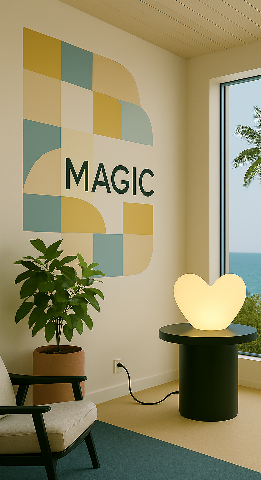 Interior of a modern room with the word 'MAGIC' on the wall, a potted plant, a chair, and a glowing heart-shaped lamp on a black round table next to a large window showing palm trees and a view of the ocean.