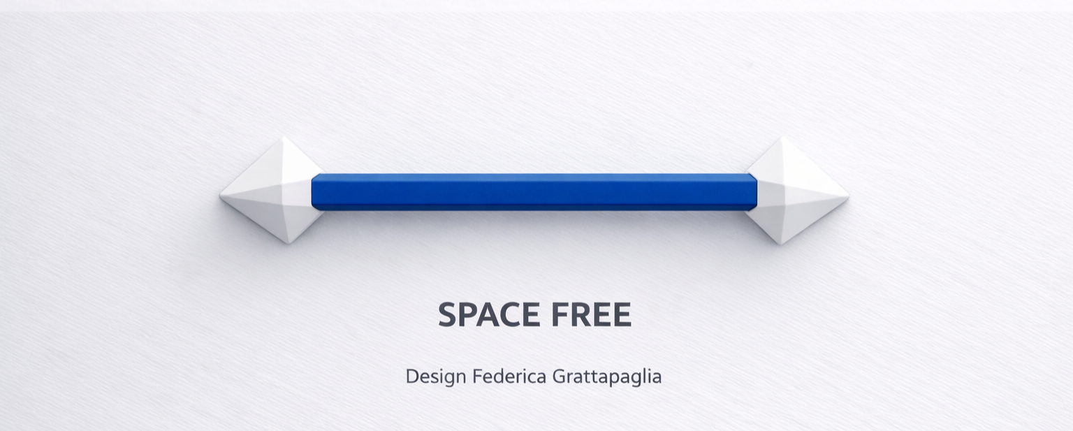 Minimalist graphic with a blue and white 3D arrow pointing to the right, and text that says 'SPACE FREE' and 'Design Federica Grattapaglia'.