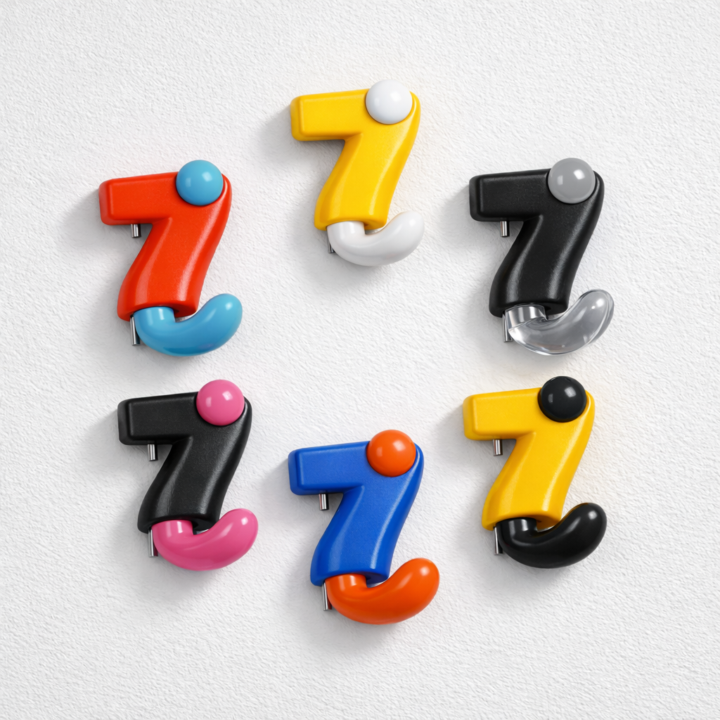 Colorful pinball machine bumpers in red, yellow, black, pink, blue, and yellow with different colored balls on a white background.