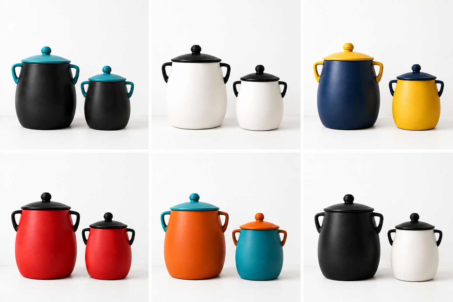 A collection of nine ceramic jars with lids, arranged in a 3x3 grid. Each row features jars with different color schemes: the top row has black with teal, black with black, and dark blue with yellow; the middle row has black with red, teal with orange, and black with white; the bottom row has red with black, orange with teal, and black with white.