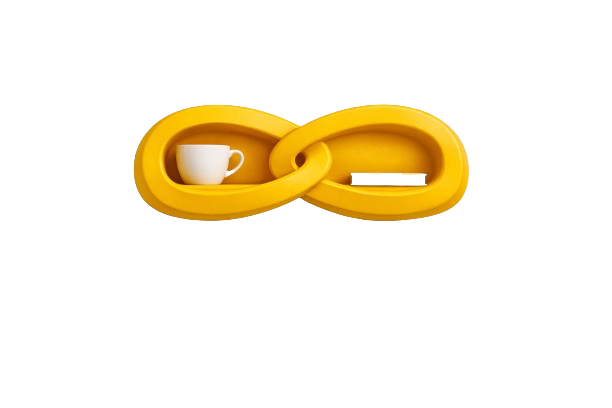 Yellow chain link with a white coffee cup inside the left loop and a rectangular object, possibly a book, inside the right loop, with the text 'INQ' underneath.