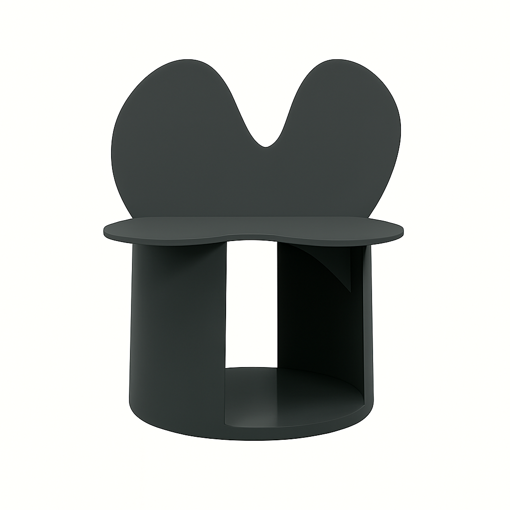 Modern black chair with a rounded backrest resembling a butterfly shape, supporting a curved seat and a cylindrical base with an open underside.
