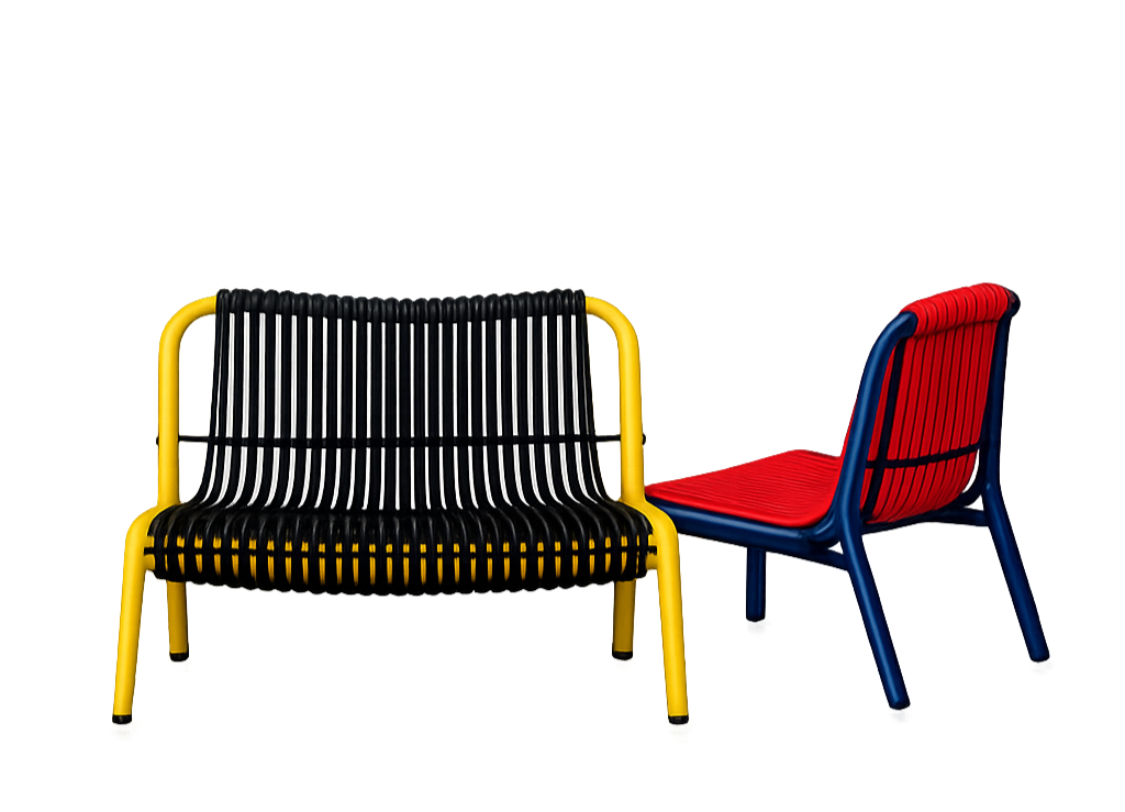 Two colorful modern chairs with black and white and red and blue frames and slats, placed against a black background.