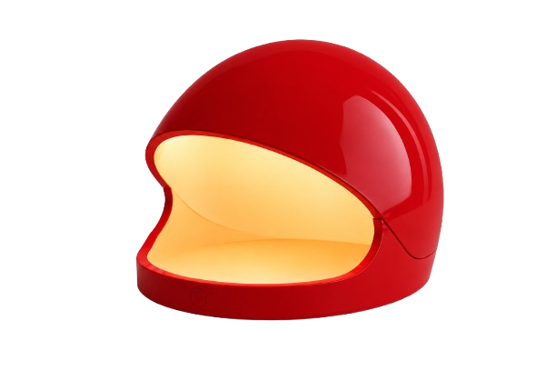 Red and white helmet-shaped lamp with a glowing interior.