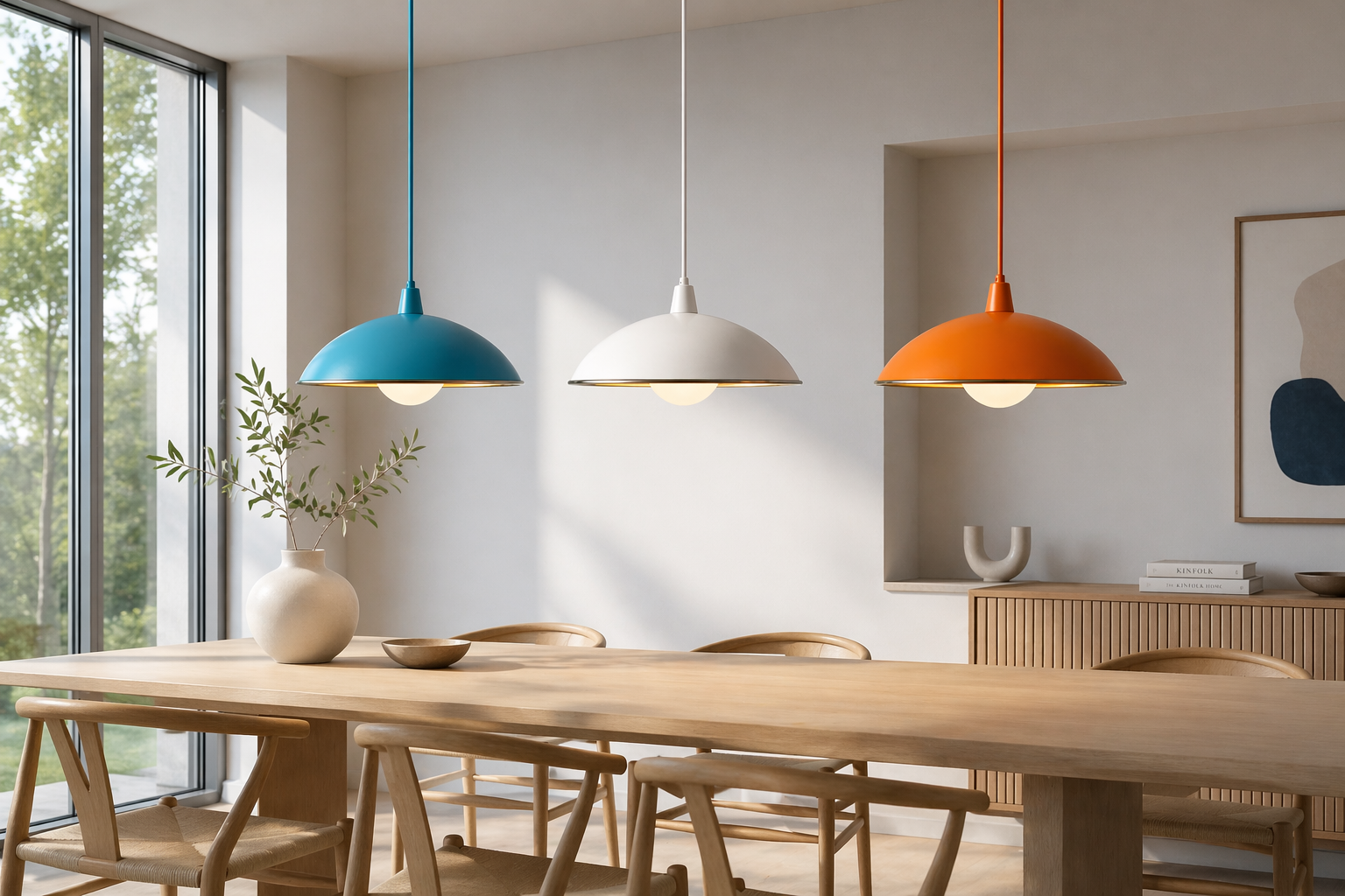 A dining room with a wooden table and chairs, three colorful pendant lights hanging above, a large window with green trees outside, a white vase with greenery on the table, and a sideboard with decorative objects and books.