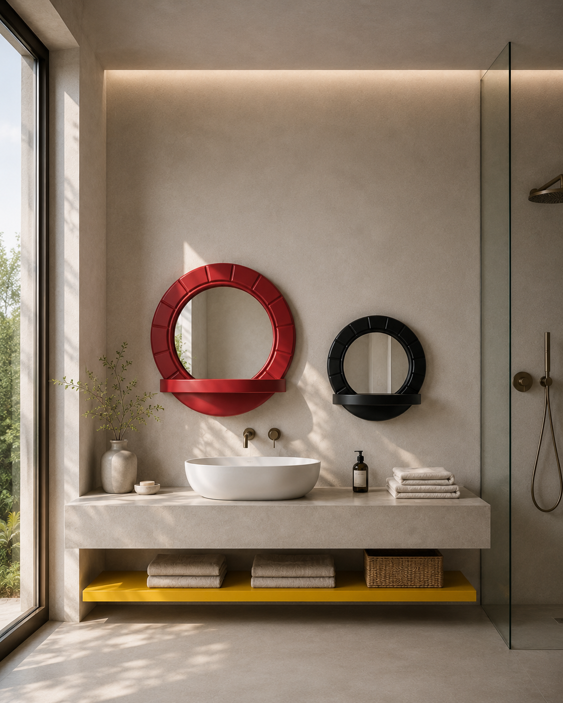Modern bathroom with beige walls, featuring a white vessel sink on a beige countertop, with a large window on the left letting in natural light. Two circular mirrors, one red and one black, are mounted on the wall above the sink. To the right is a shower area with a glass partition and a brass showerhead. Decor includes a vase with branches, neatly folded towels, a soap dispenser, and a wicker basket on a yellow shelf below the countertop.