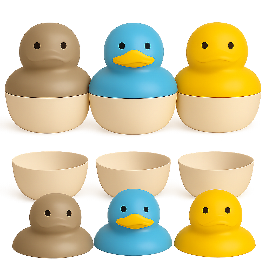 A collection of rubber duck toys in beige, blue, and yellow, with some hollow shells displayed below them.