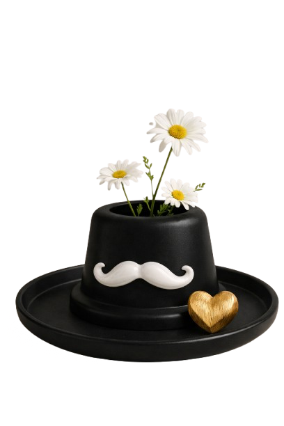 A black top hat with white mustache decoration, decorated with white daisies and a gold heart, placed on a matching black tray.