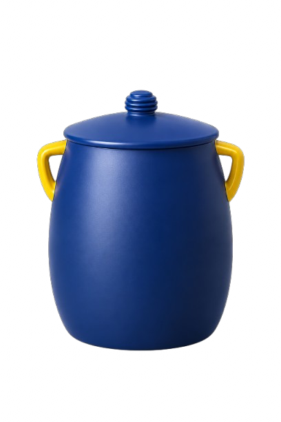 Blue soup or storage container with yellow handles and a lid against a black background.