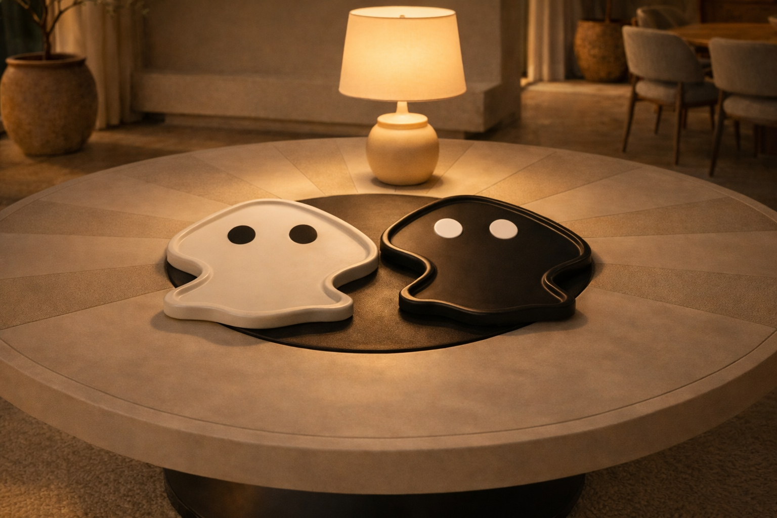 Two ghost-shaped trays, one black and one white, on a round table with a lamp in the background.