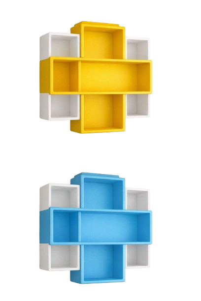 Colorful wall shelves in yellow and blue, designed in a cross shape with storage compartments.
