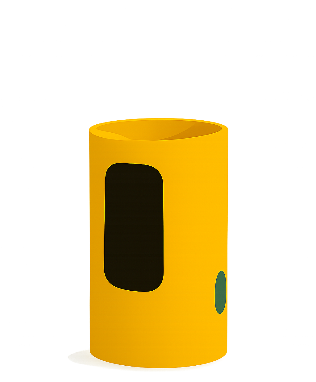 A yellow cylindrical pet containing a black digital screen and a small green oval button.