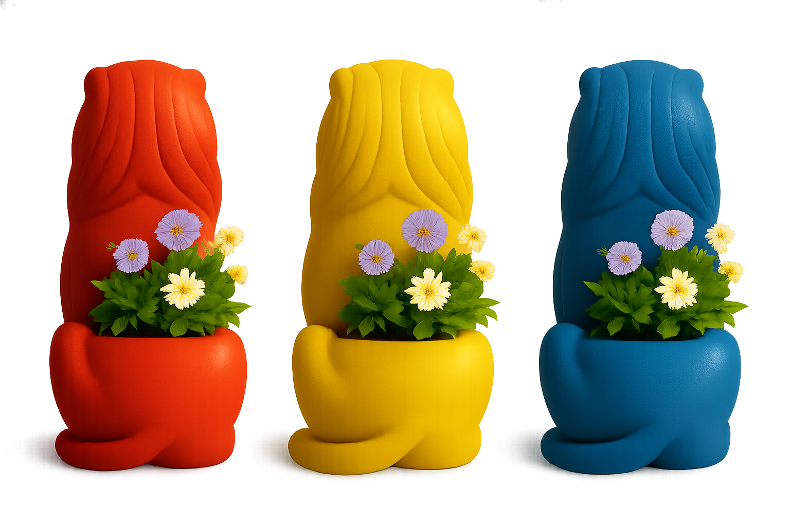 Three colorful flowerpots shaped like cats, in red, yellow, and blue, filled with purple and white flowers.