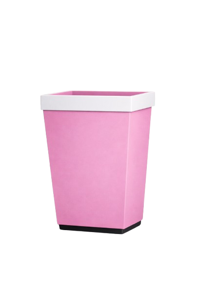 A pink rectangular trash can with a white rim and black base