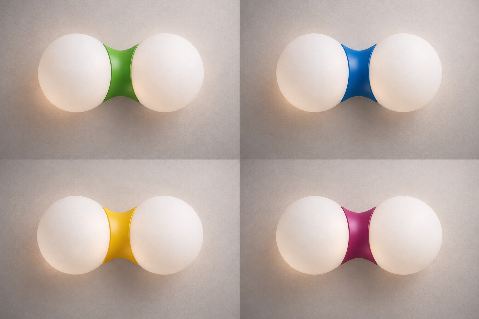 Set of four modern wall-mounted light fixtures with two spherical white globes each, connected by a colorful curved element in green, blue, yellow, and pink.