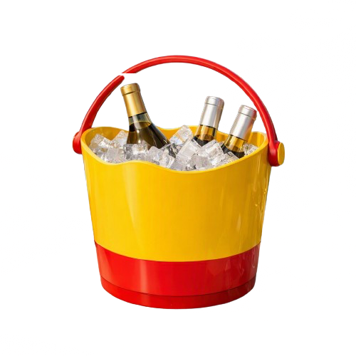 A yellow and red bucket filled with ice and four bottles of beer or champagne.