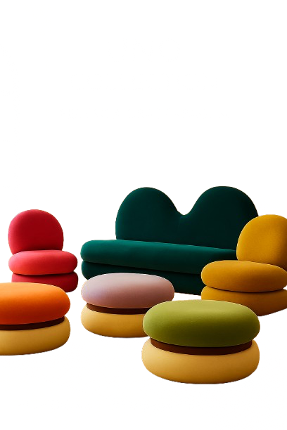 Colorful modern furniture in front of a white background with the UNESCO Creative Cities logo and text.