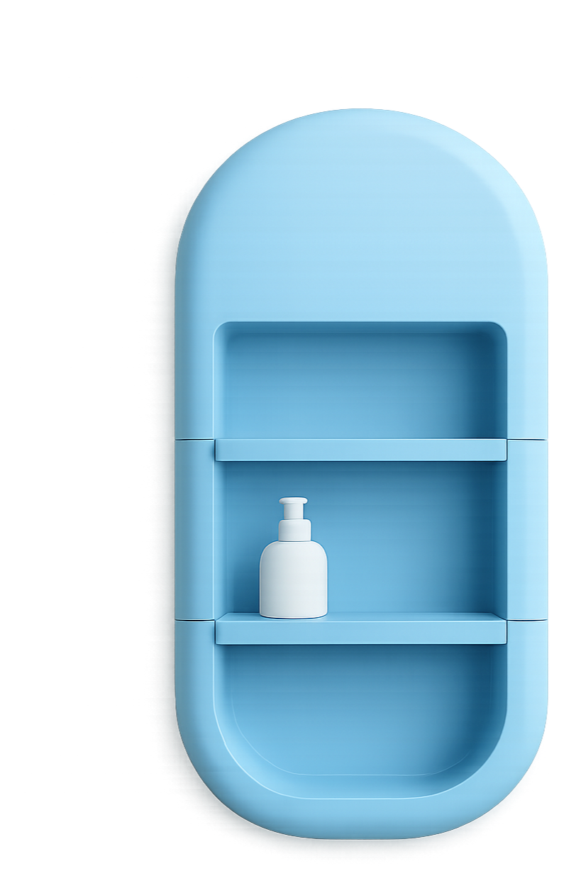 Blue oval-shaped bathroom shelf with empty upper and middle sections, white soap dispenser on the lower shelf