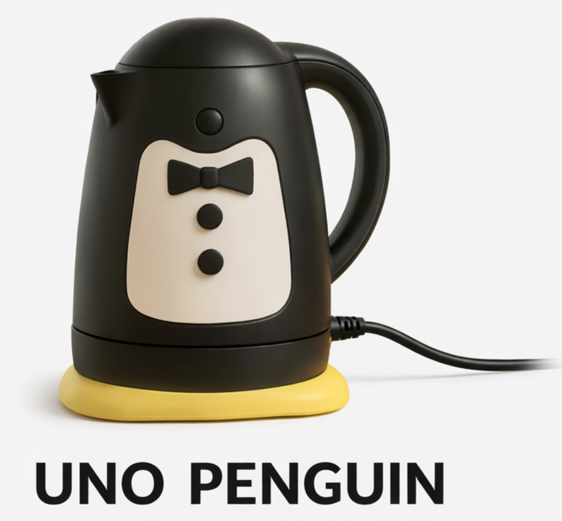Black electric kettle with a penguin design, including a bowtie, buttons, and a yellow base, on a white background. Text at the bottom reads "UNO PENGUIN."