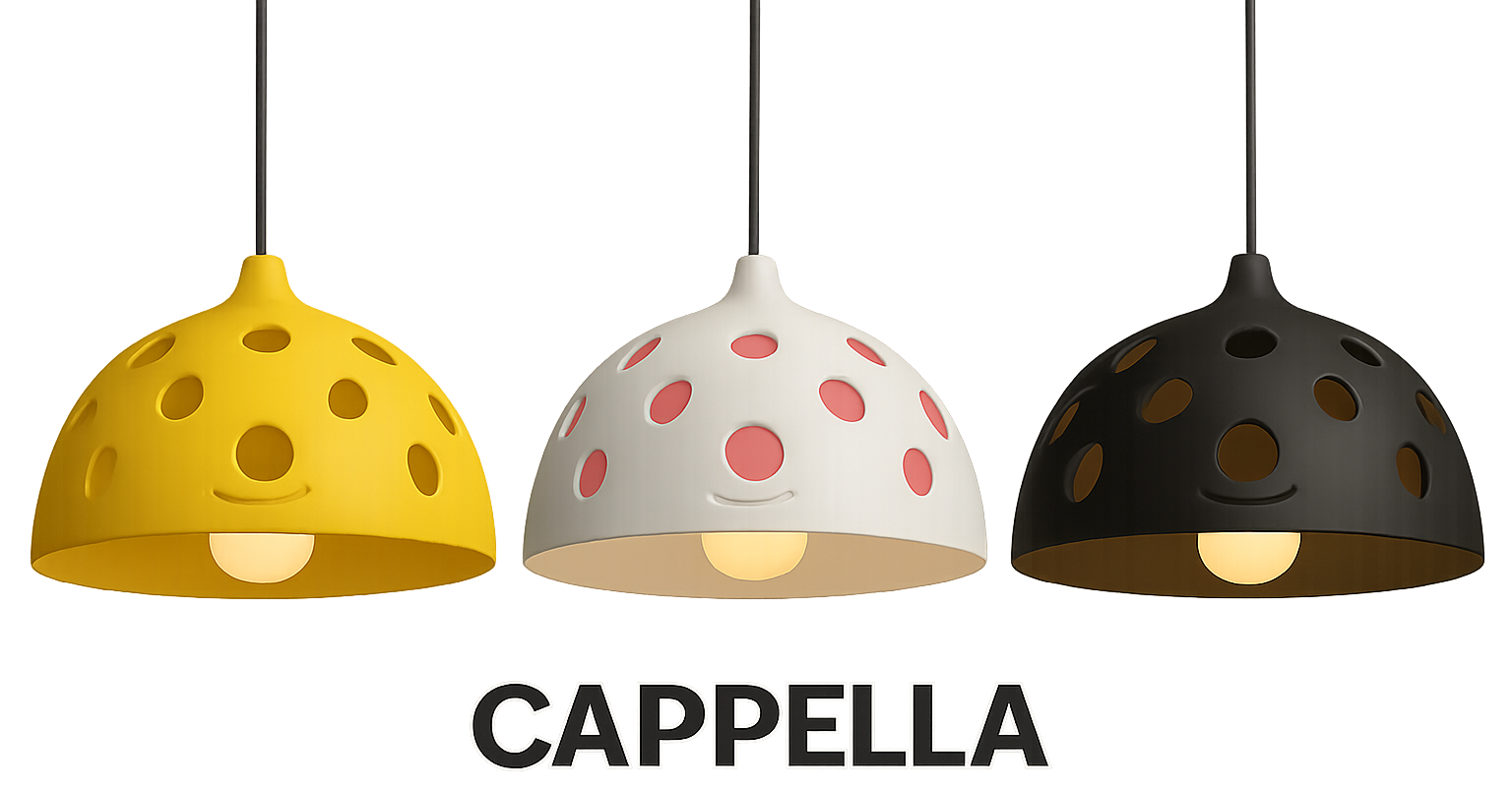 Three dome-shaped pendant lights with playful polka dot designs in yellow, white with pink dots, and black with brown dots, hanging above with the brand name 'CAPPELLA' in bold letters underneath.