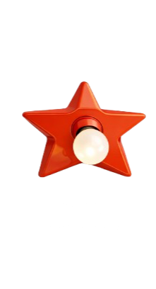 A red star-shaped light with a white bulb in the center, against a black background with white diagonal streaks.