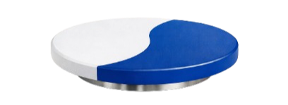 A round, two-tone blue and white pie chart or diagram on a black surface.