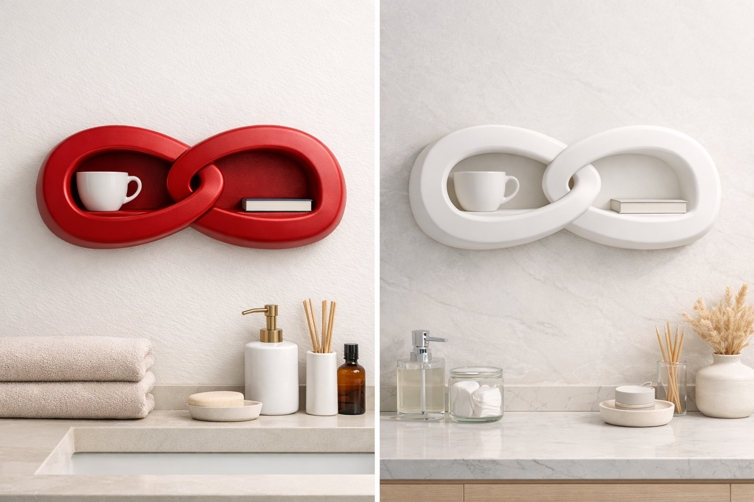 Side-by-side bathroom sinks with decorative infinity loop shelves holding cups and books, with towels, soap dispensers, and decorative accessories on the countertops.