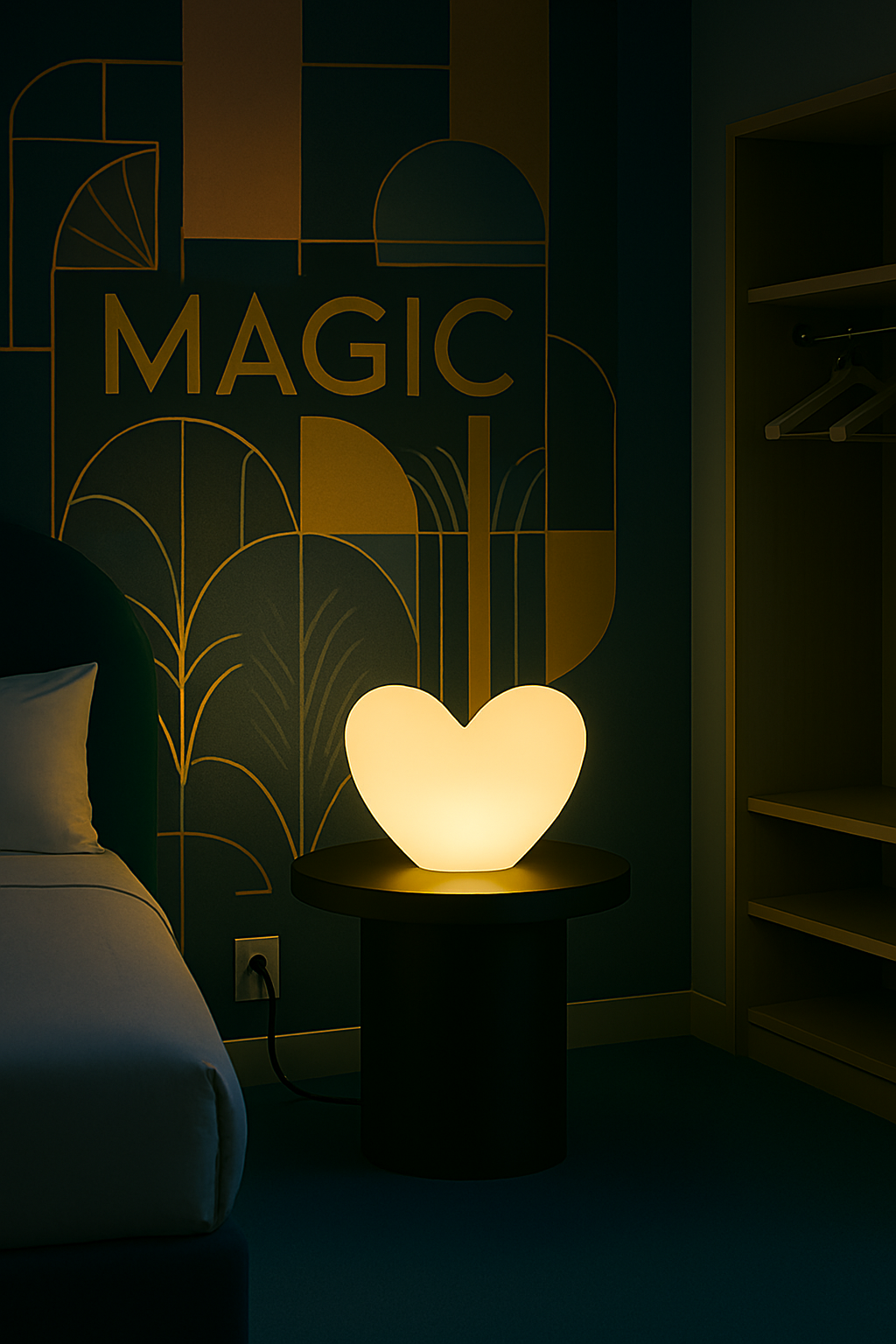 A glowing table lamp in the shape of a heart on a black side table in a dark bedroom.