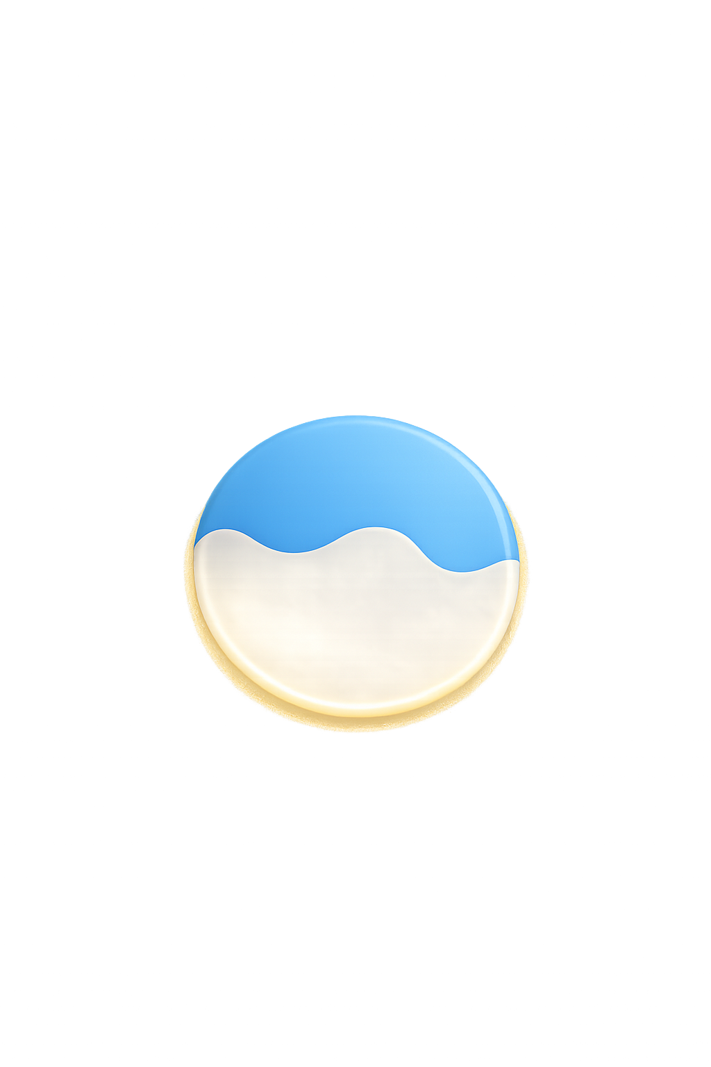 Close-up of a round candy with blue and white colors, possibly resembling a wave or landscape, against a blurred background.
