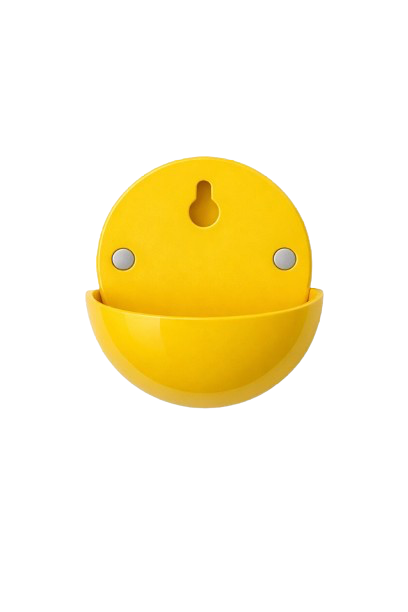 Yellow plastic wall-mounted container with a semi-circular bottom and a keyhole slot at the top.