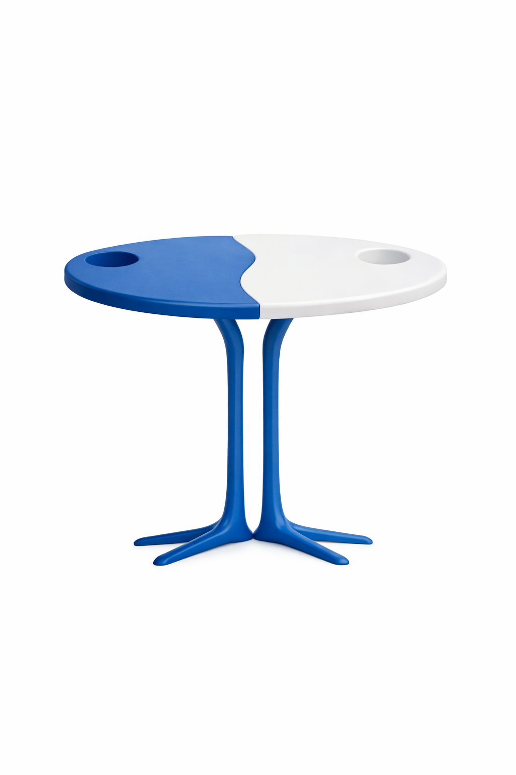 Colorful table with a half blue and half white top, and a three-legged blue base.