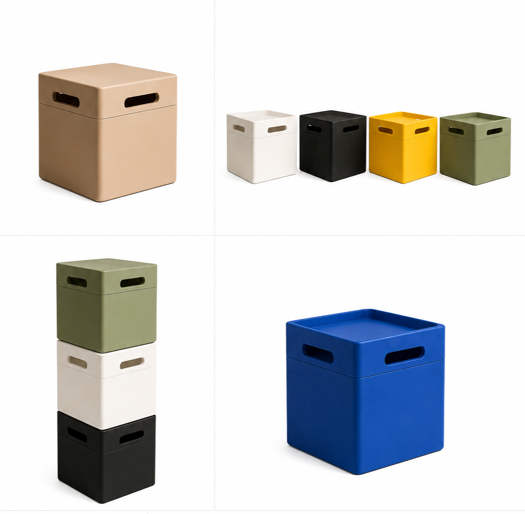 Colorful stackable storage boxes with cutout handles, in beige, white, black, yellow, green, and blue, displayed on a white background.