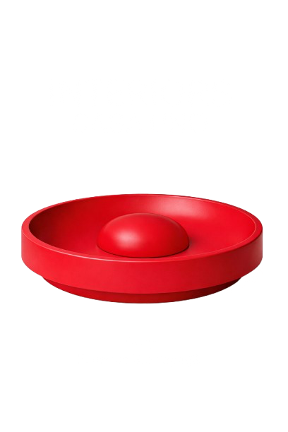 A red, circular, dish-shaped object with a rounded, raised center on a white background, with stylized, distorted black text above and below that reads 'IYCTONE'.