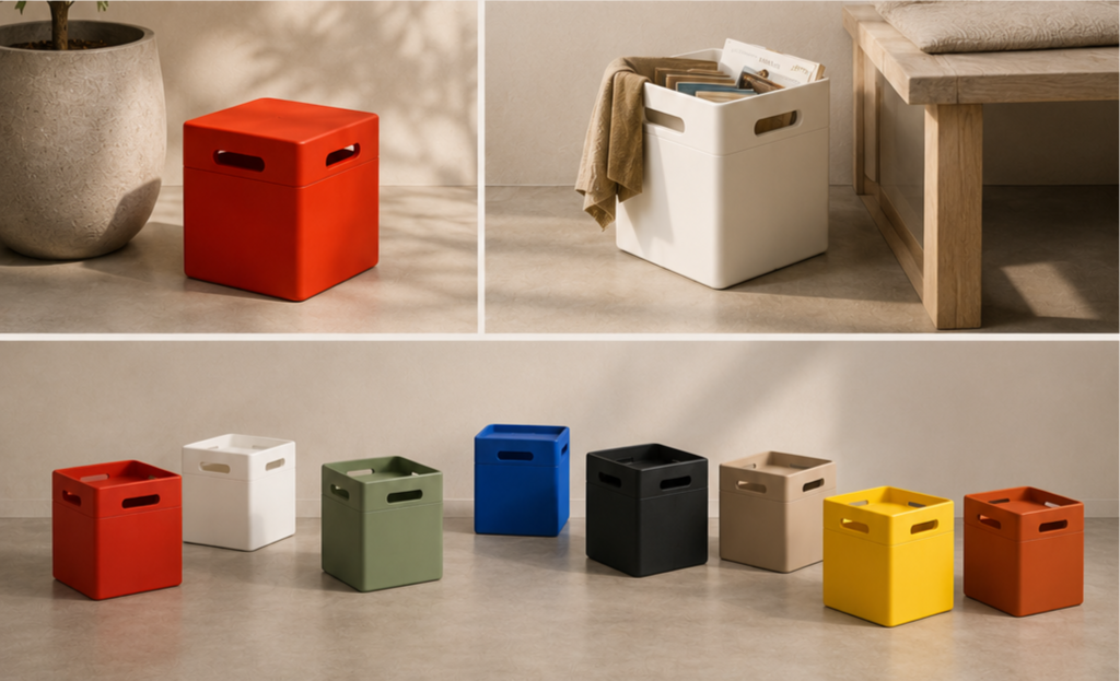 Colorful storage boxes in red, white, green, blue, black, beige, yellow, and orange arranged on the floor, with some placed on shelves and furniture.