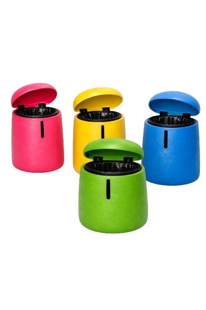 Colored desktop pencil sharpeners in pink, yellow, blue, and green with open lids.