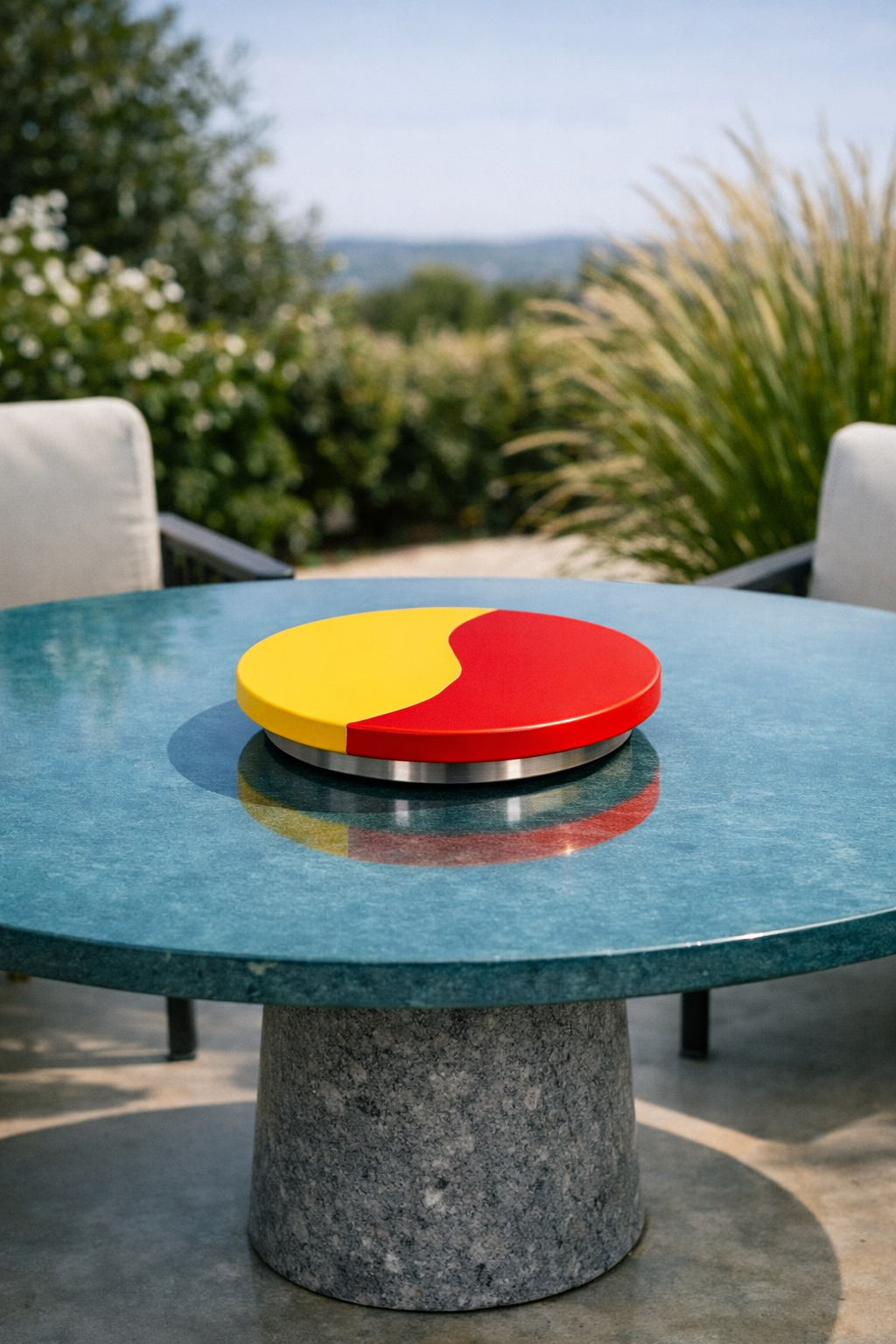 Colorful round sculpture with red and yellow segments placed on a blue outdoor table, with a background of lush greenery and a clear sky.