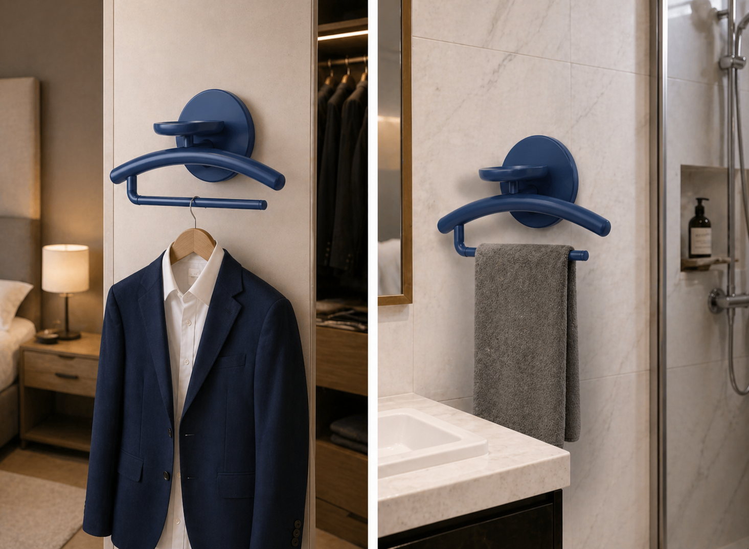 Left side: Blue wall hook holding a suit jacket and hanger in a bedroom. Right side: Blue wall hook with a towel in a bathroom.