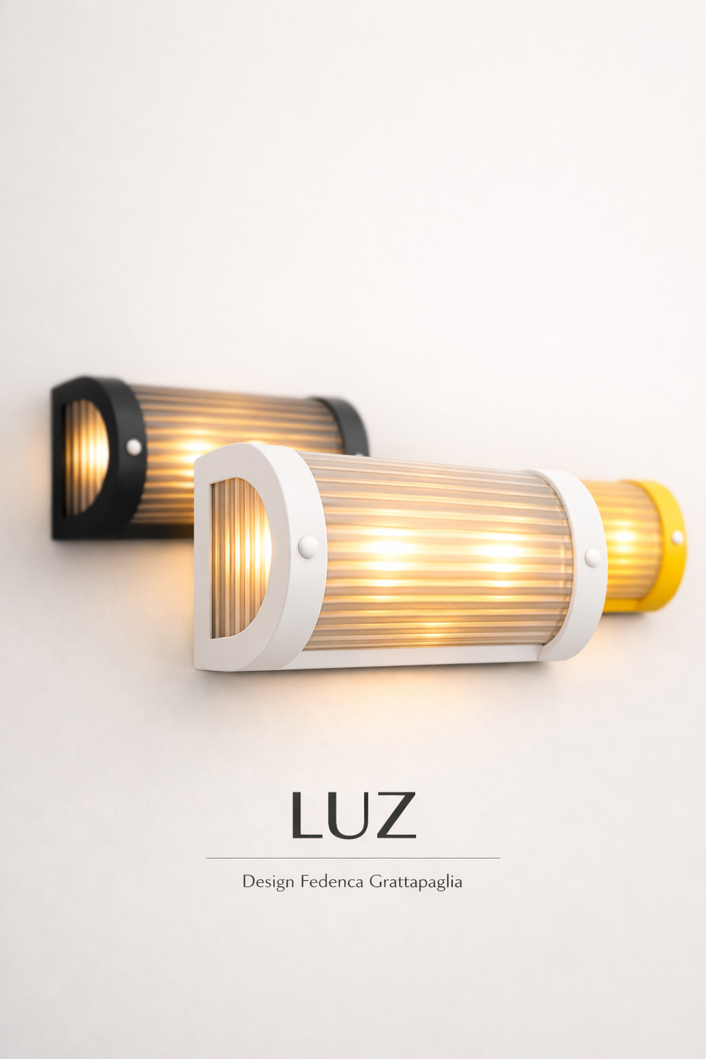 Wall-mounted modern light fixtures with ribbed glass covers, one black, one white, and one yellow, lit and arranged horizontally on a white wall.