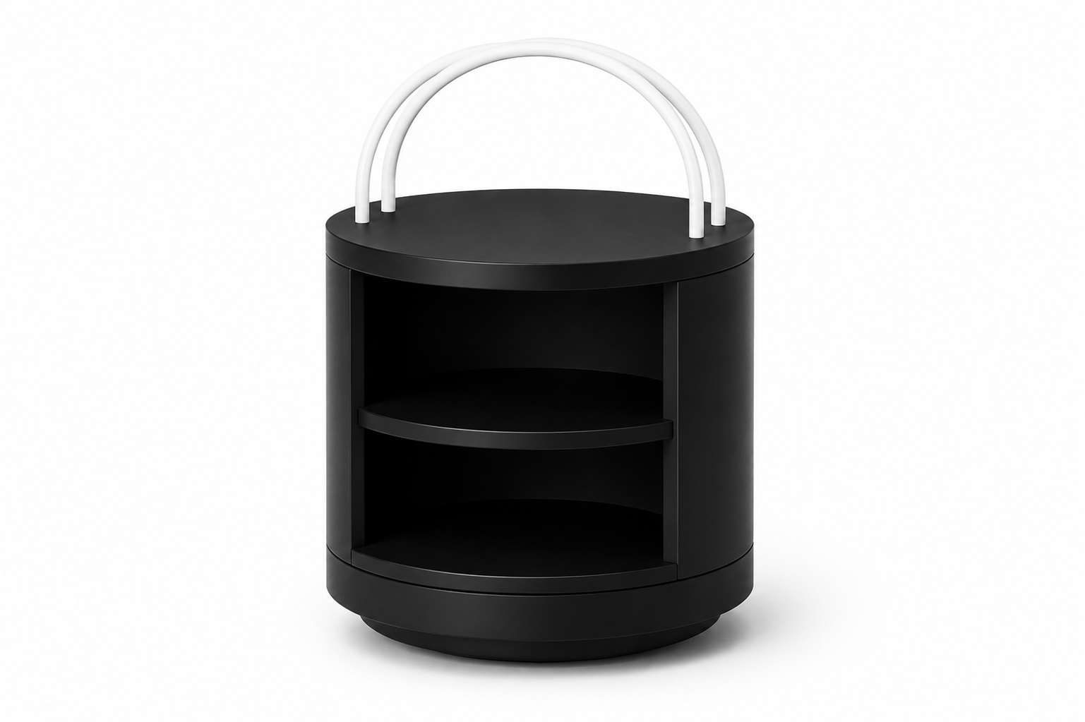 A black, half-circle side table with two lower shelves and a handle on top, set against a white background.