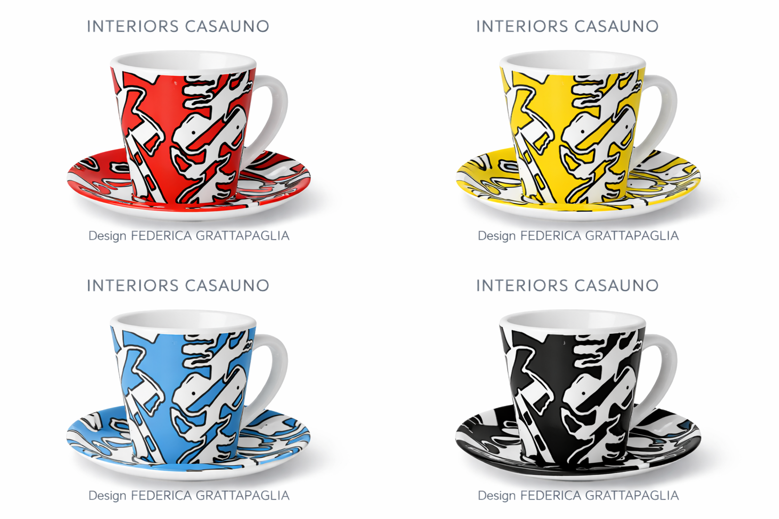 Four colorful cups with matching saucers arranged in a 2x2 grid, each featuring an abstract black and white pattern, with the top left cup and saucer red, top right yellow, bottom left blue, and bottom right black, labeled 'Interiors Casauno' and designed by Federica Grattapaglia.