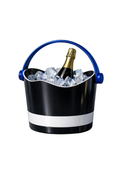 A black and white bucket filled with ice and a bottle of champagne, with a blue handle.