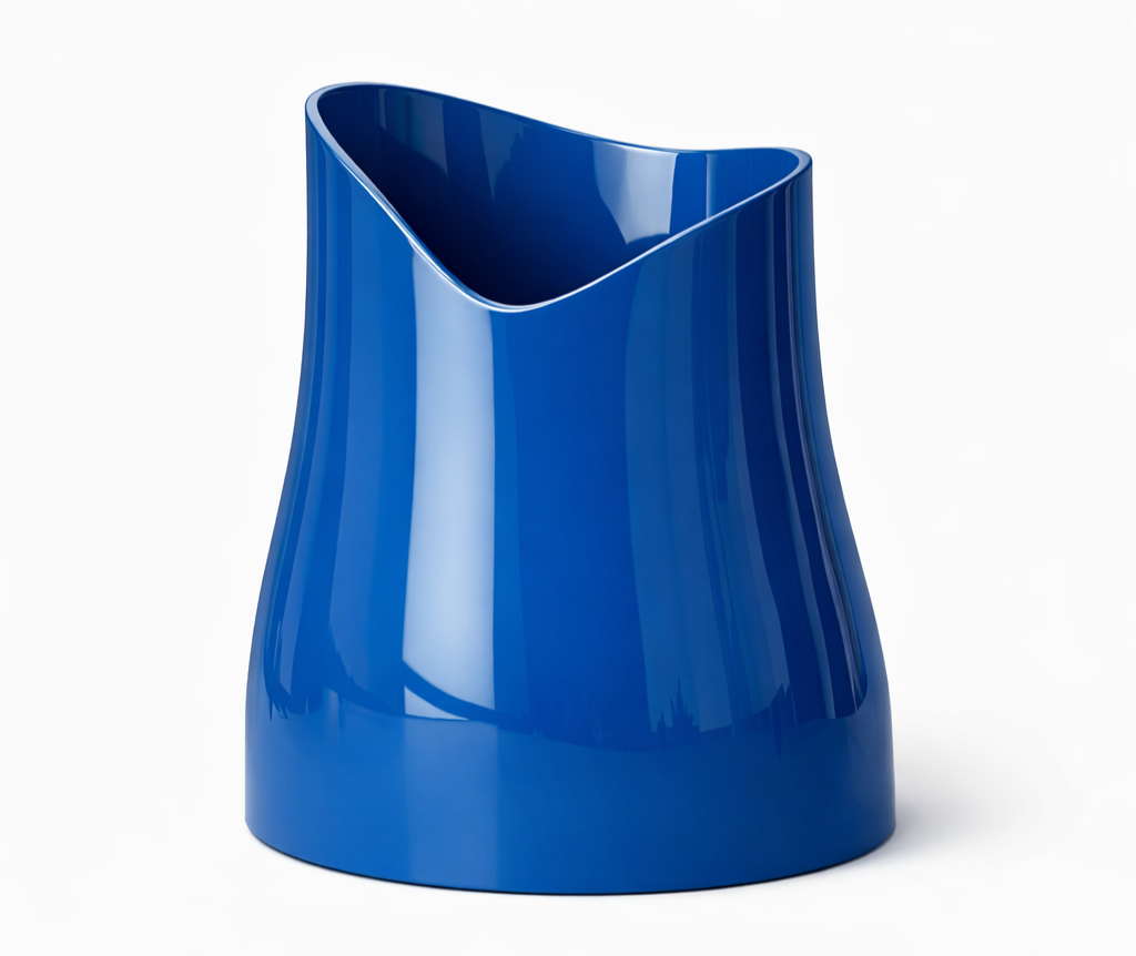 A shiny, blue, modern vase with a smooth, curved design and a wide, open top.