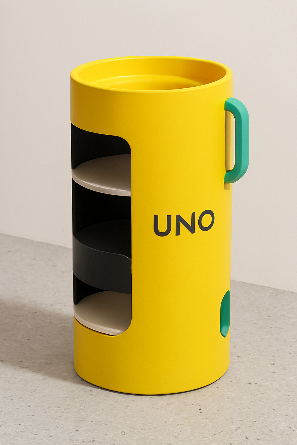 A yellow cylindrical storage unit with the word 'UNO' printed on it, featuring colored black, white, and beige shelves and green handles.
